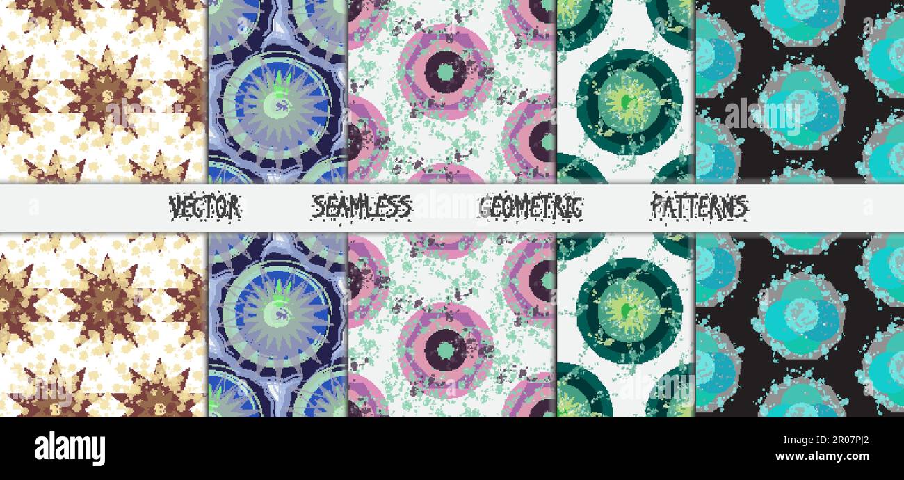 Grunge colorful geometric seamless patterns set. Vector Stock Vector