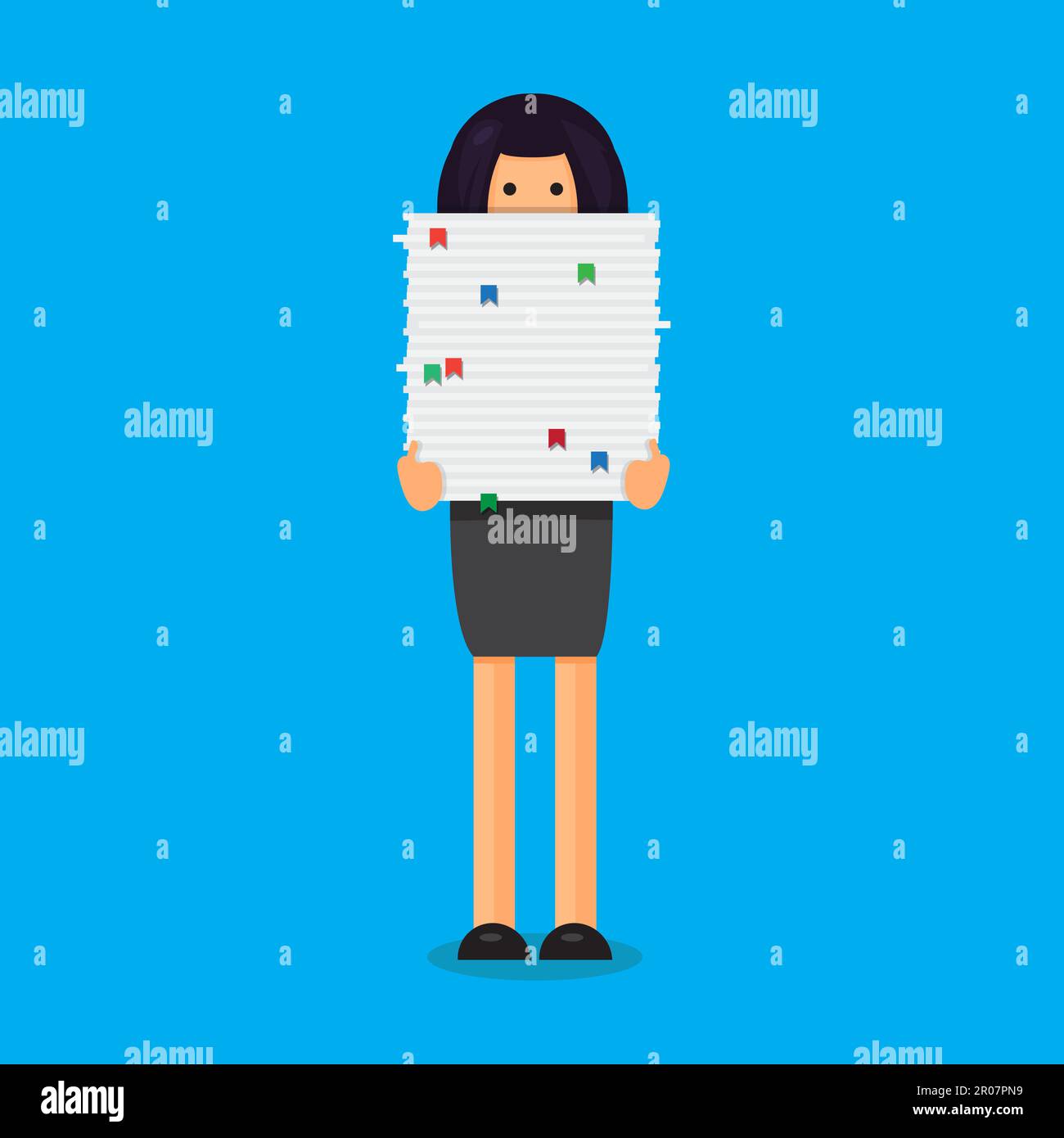 She Stack Office worker with big stack of paper. She has a lot of work. All hands ...