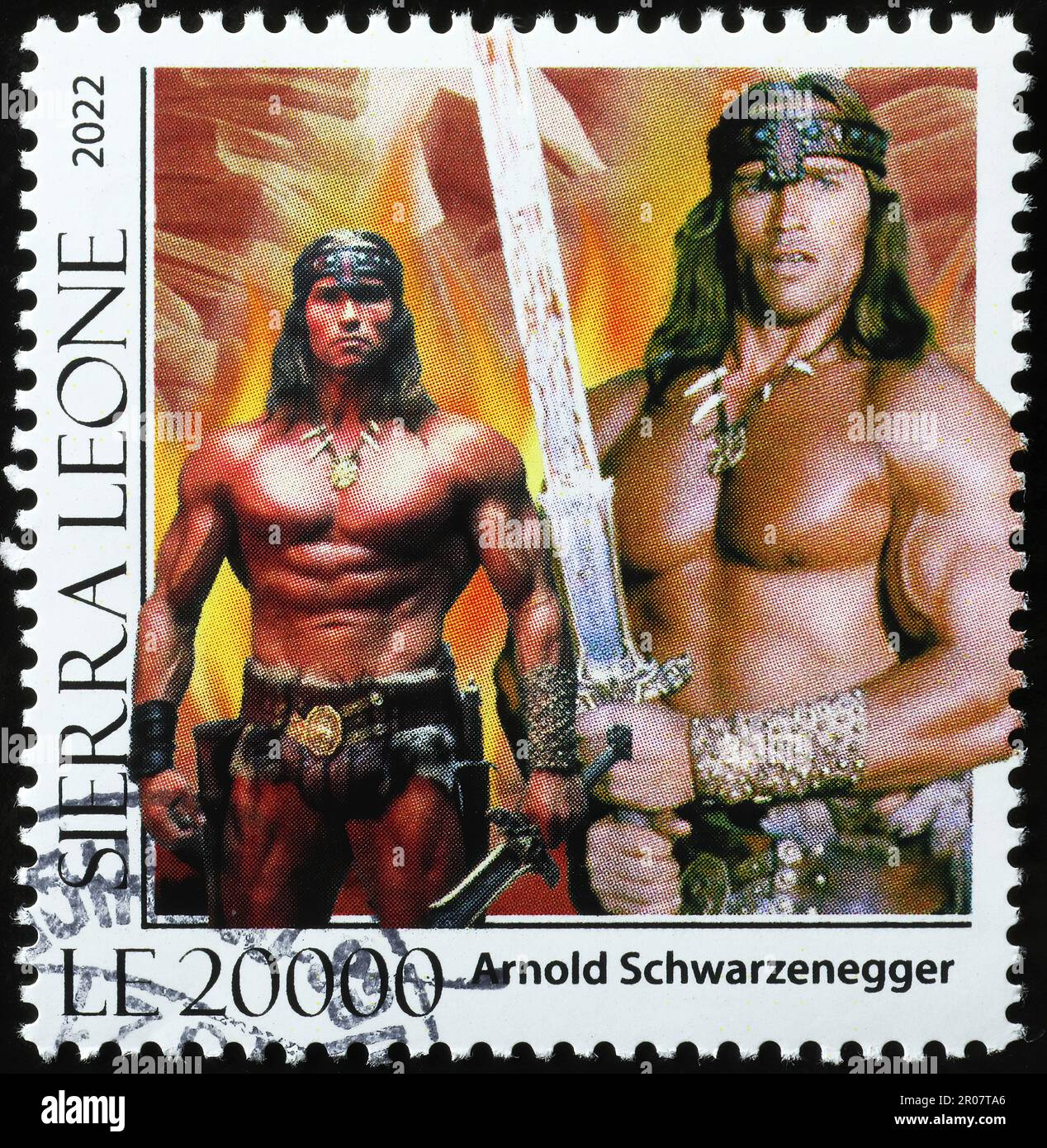 Arnold Schwarzenegger as Conan the Barbarian on postage stamp Stock Photo