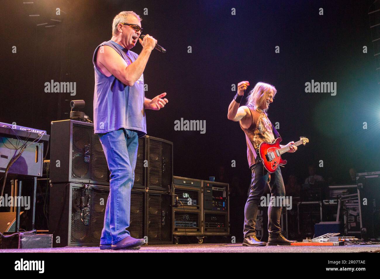 Costa Mesa, Calif., 6 August, 2014: Deep Purple’s lead singer Ian Gillan and guitarist Steve Morse at the Pacific Amphitheatre. Stock Photo