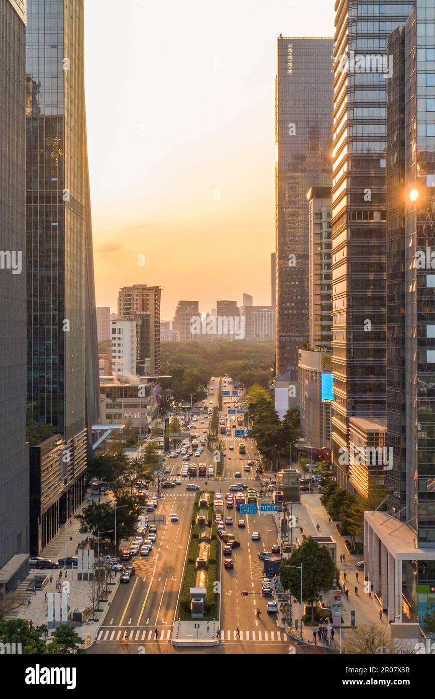 Beautiful moment at sunset during work hours in Futian district, central Shenzhen Stock Photo