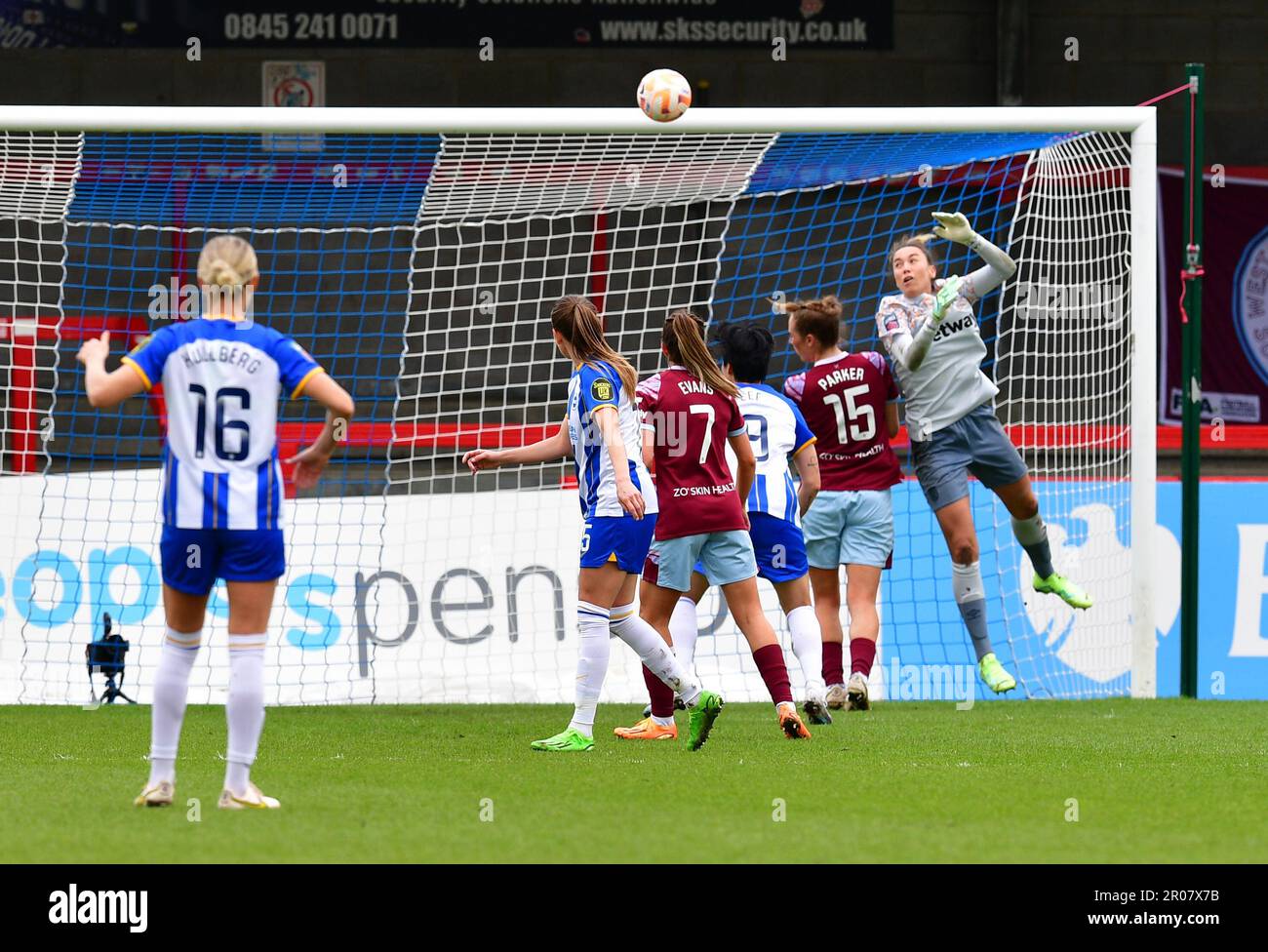 Crawley, UK. 07th May, 2023. Mackenzie Arnold Goalkeeper of West Ham United sees the ball safely over the bar during the FA Women's Super League match between Brighton & Hove Albion Women and West Ham United Ladies at The People's Pension Stadium on May 7th 2023 in Crawley, United Kingdom. (Photo by Jeff Mood/phcimages.com) Credit: PHC Images/Alamy Live News Stock Photo