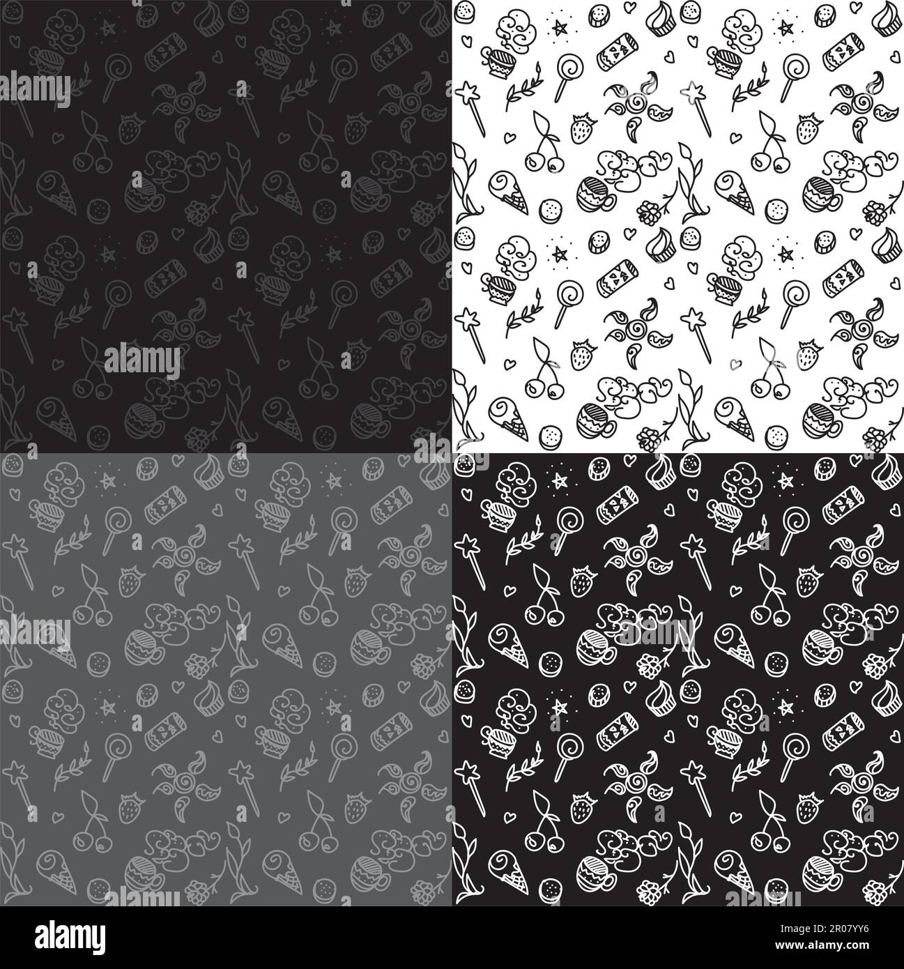 Vector black, white, grey seamless patterns with things from life Stock Vector