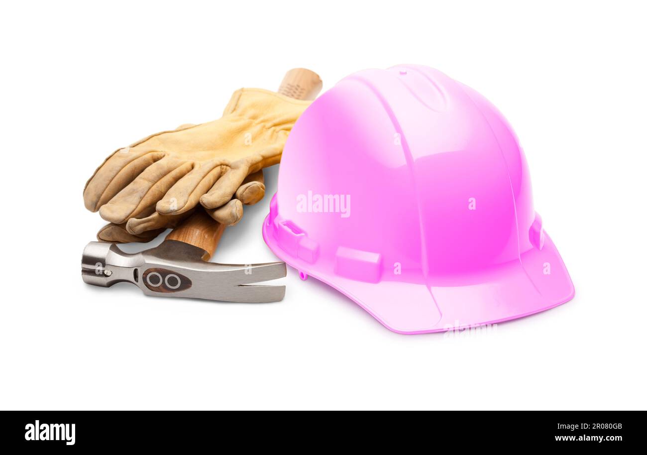 Pink Safety Construction Hard Hat, Hammer and Leather Gloves Isolated
