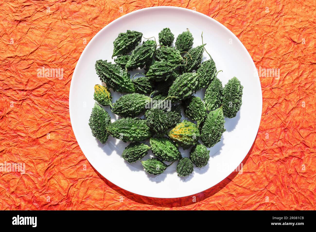 Top view of Karela Indian vegetable known as Bittermelons or Bittergourds Stock Photo