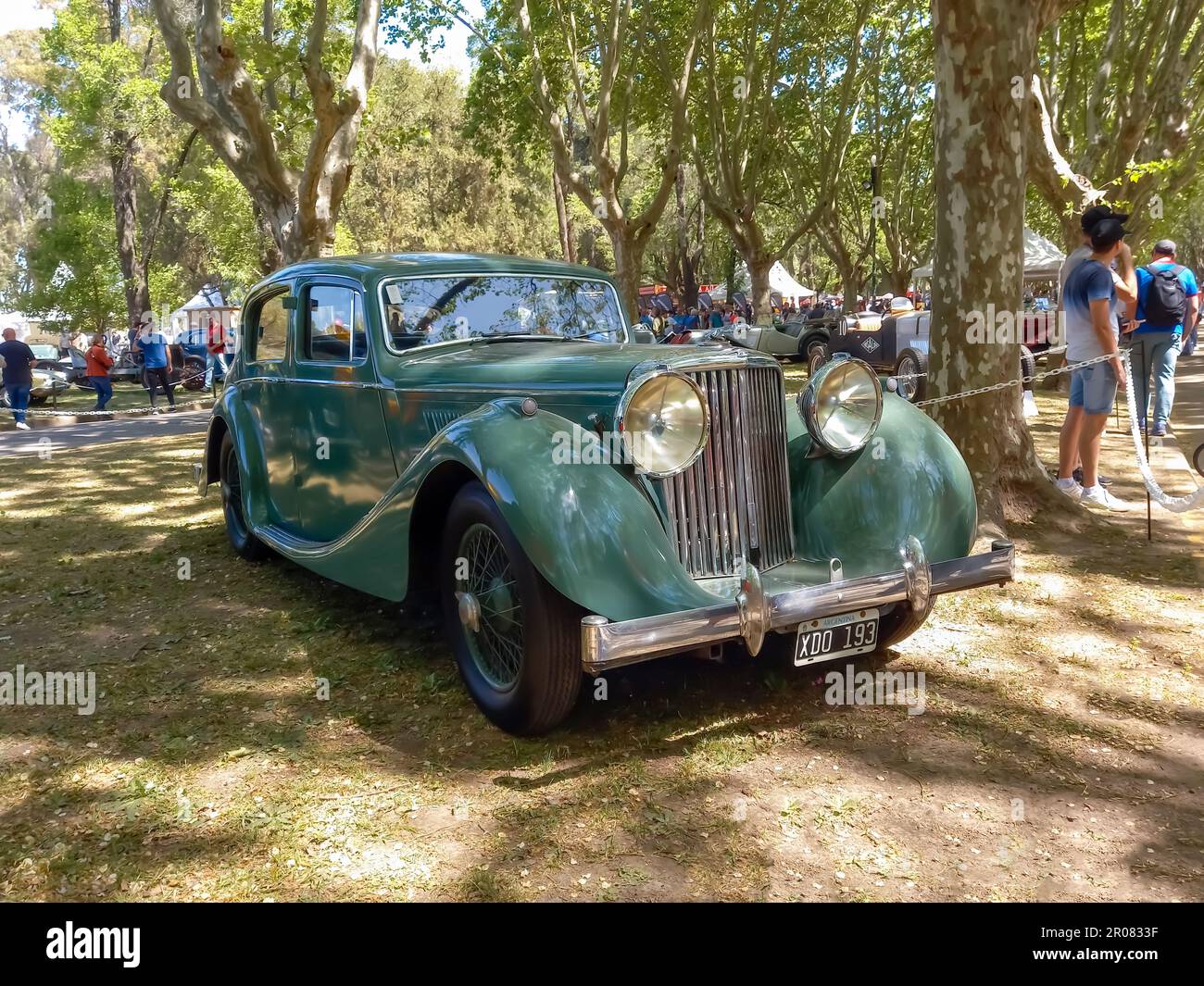San Isidro, Argentina - Oct 7, 2022: Old green 1947 Jaguar 3.5 L sport saloon in a park. Nature, grass, trees. Autoclasica 2022 classic car show. Stock Photo