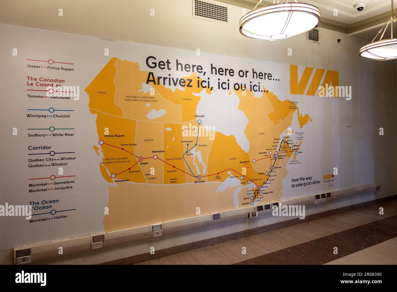 Via Rail Canadian Route Map In Union Station Toronto Showing All The Passenger Rail Lines In Canada Served By Via Rail Stock Photo