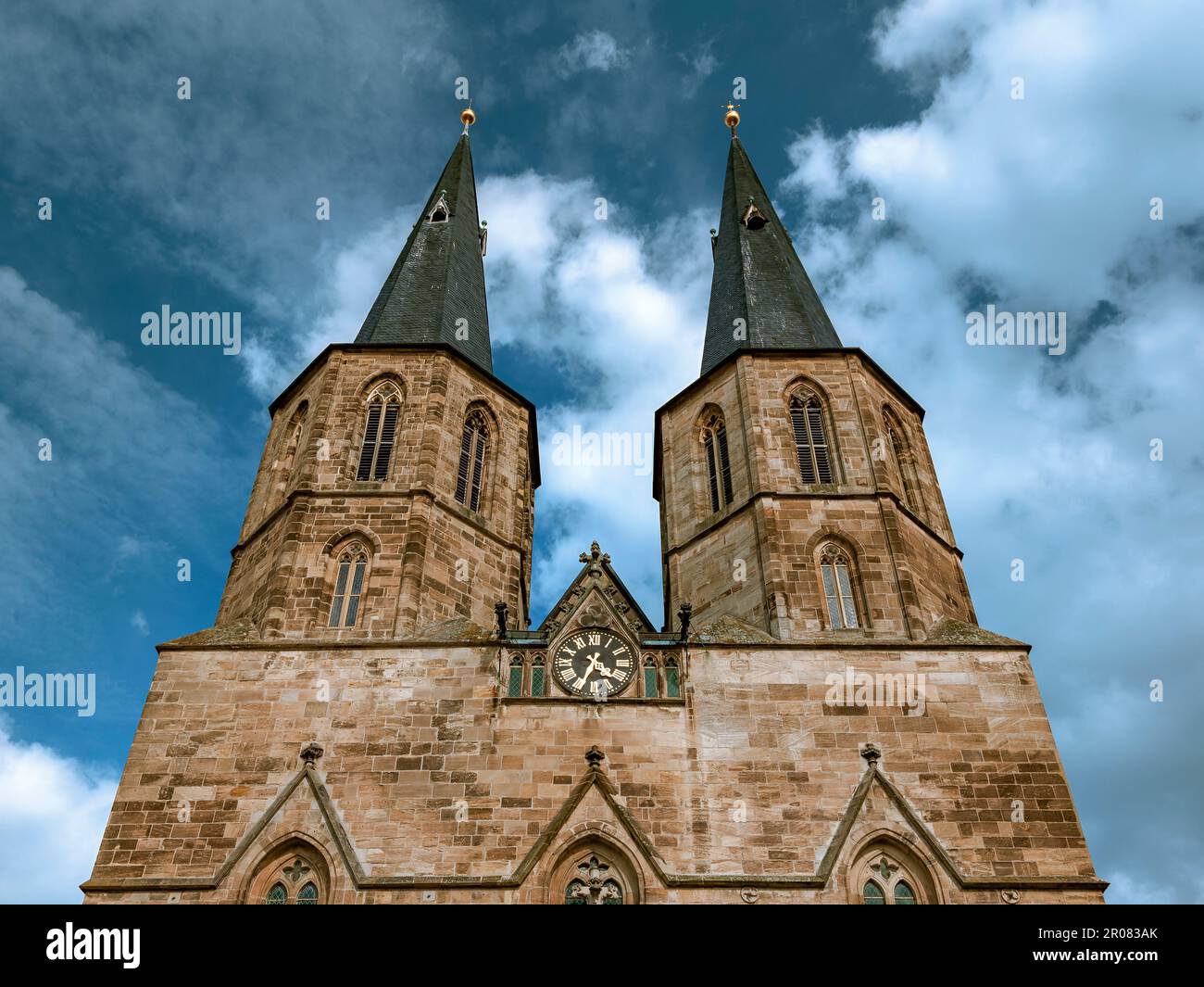 Upper portal and towers of the Basilica St. Cyriakus in Duderstadt, Germany Stock Photo