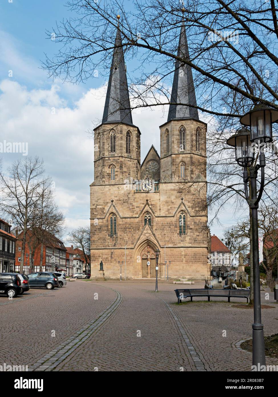Marketplace with Basilica St. Cyriakus in Duderstadt, Germany Stock Photo