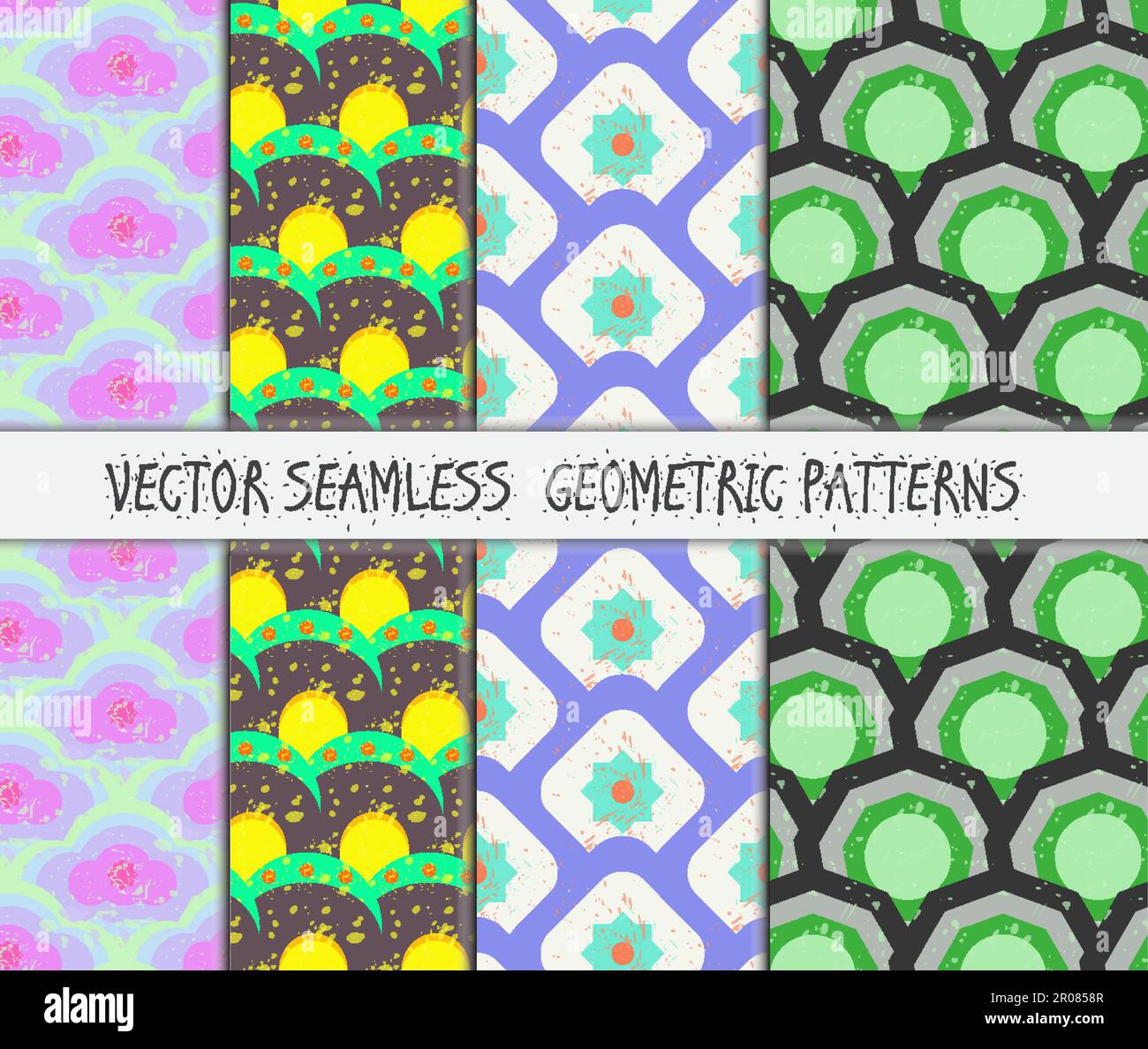 Grunge colorful geometric seamless patterns set. Vector Stock Vector