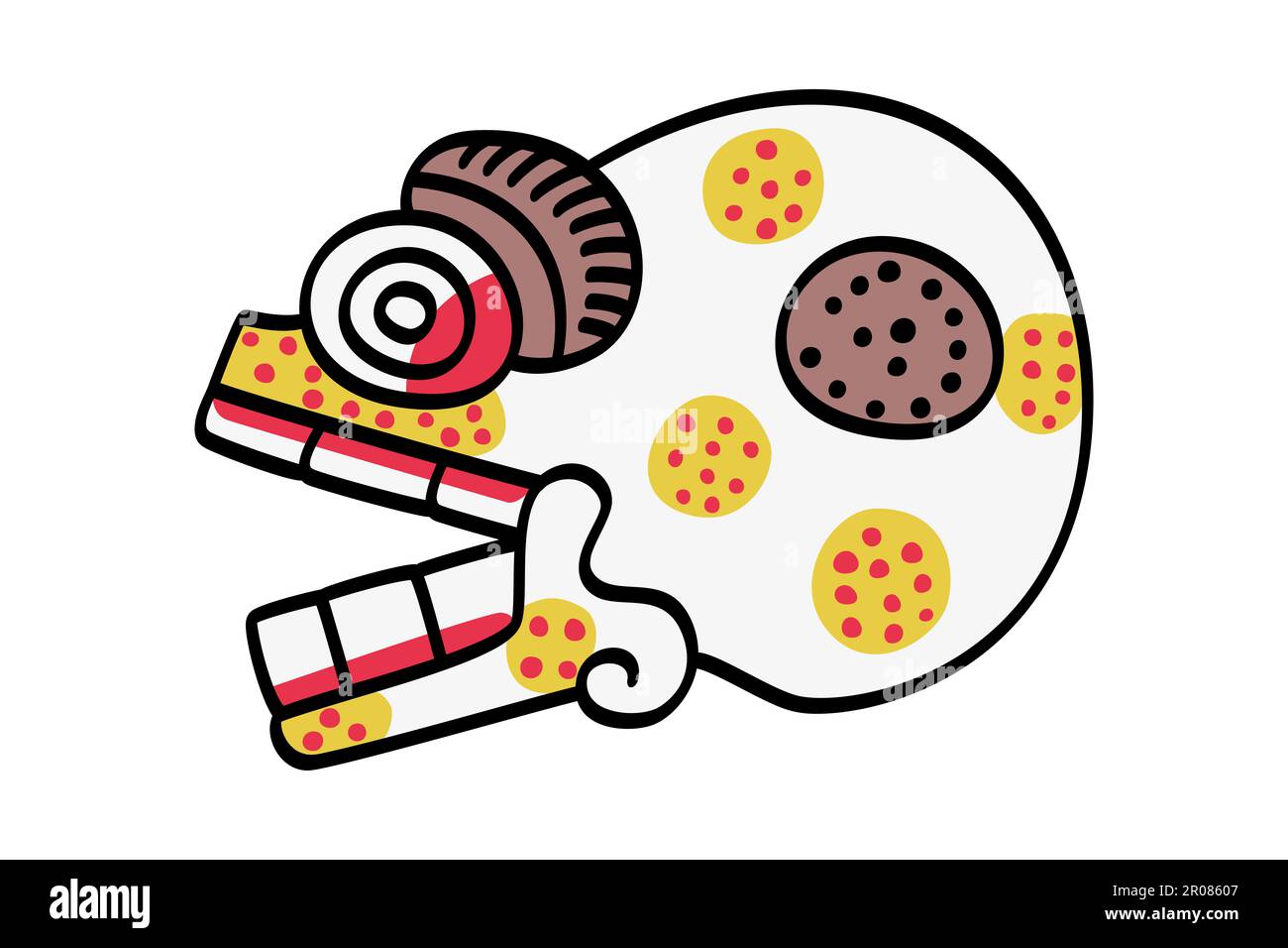 Flaking skull with mouth wide open, Aztec symbol for death, and called