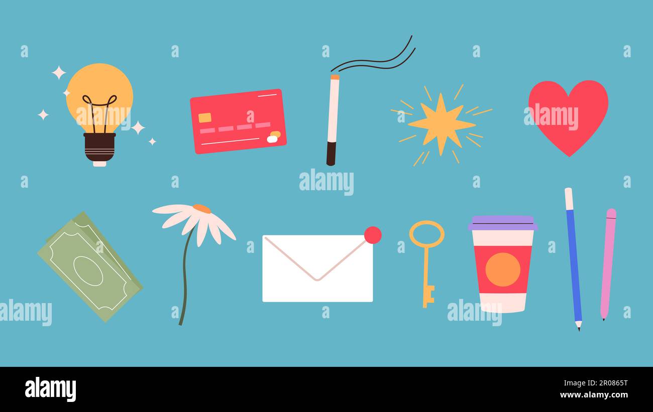 Different things, letter, cigarette, heart and money. Chamomile flower