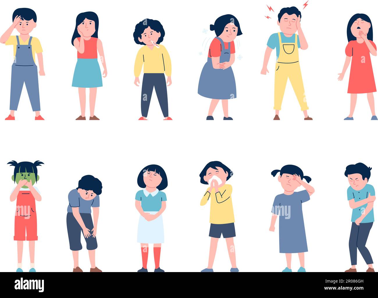 Flat isolated sick kids with flu symptoms. Kid headache and nausea