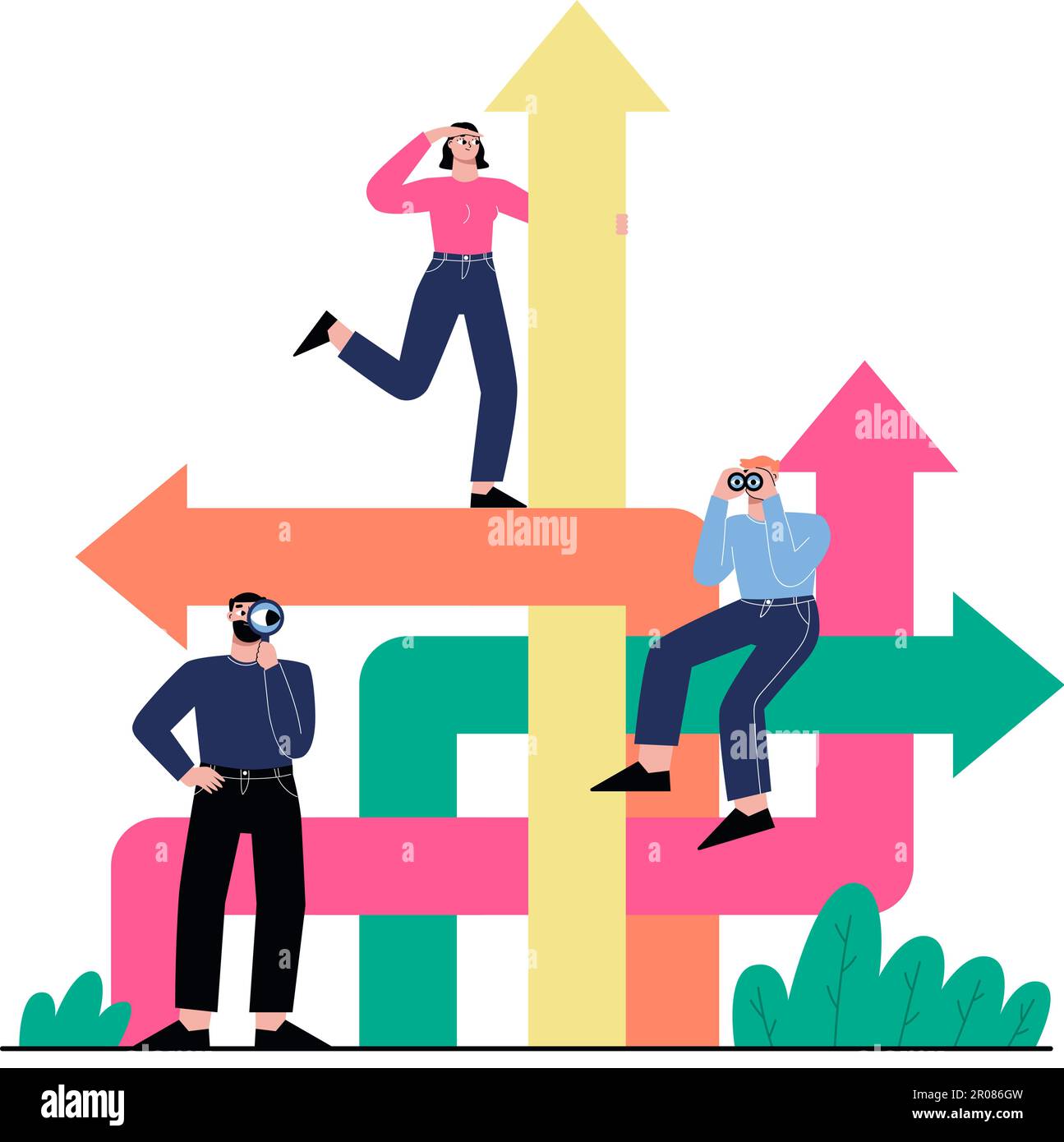 Solution trouble concept, people and diverse destinations arrows