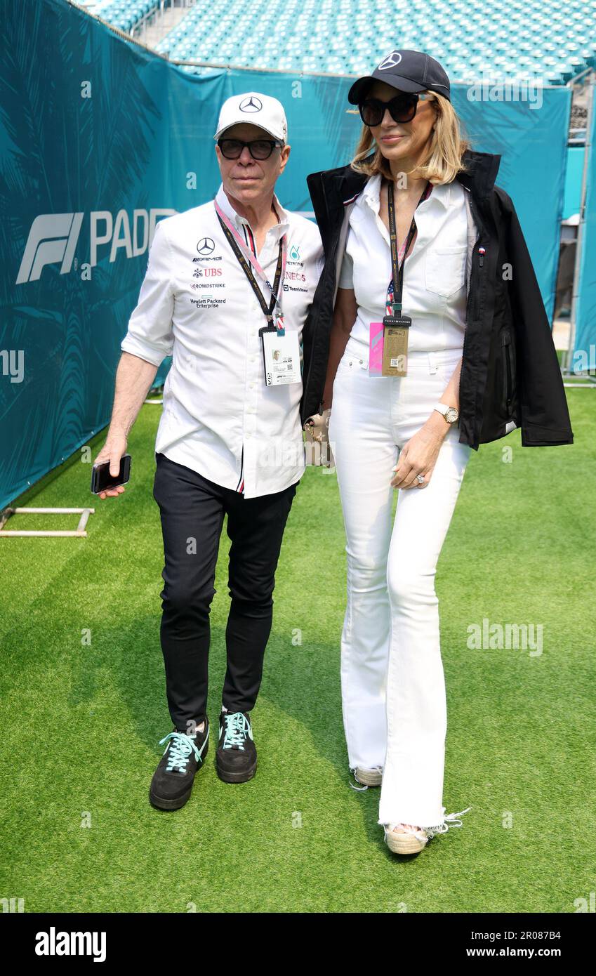 Miami, United States Of America. 07th May, 2023. MIAMI, FLORIDA - MAY 07:  Dee Ocleppo and Tommy Hilfiger are seen on in the Paddock prior to the F1  Grand Prix of Miami
