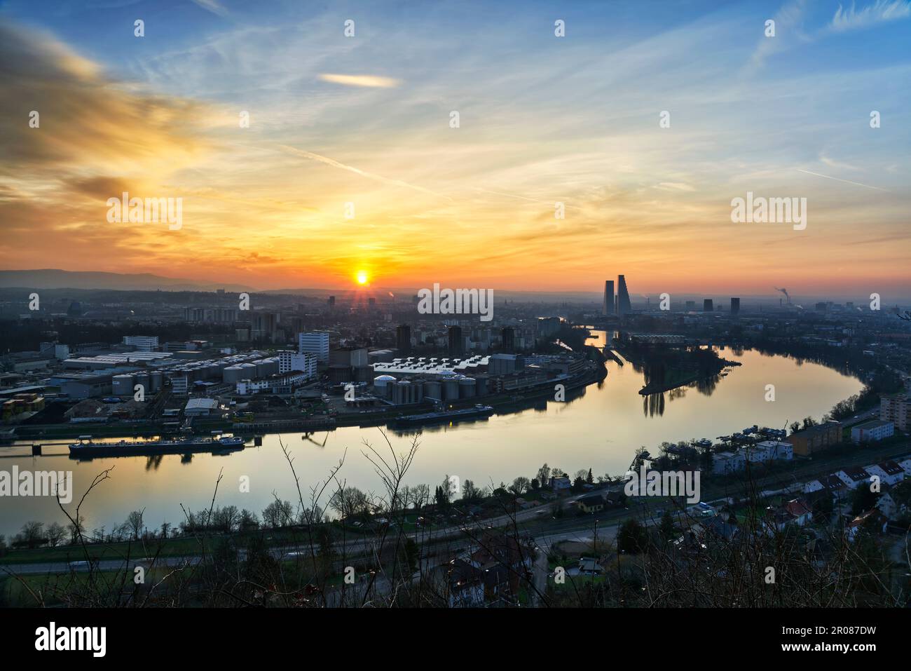 View of the city of Basel and the Rhine port near Birsfelden from the Hornfelsen Stock Photo