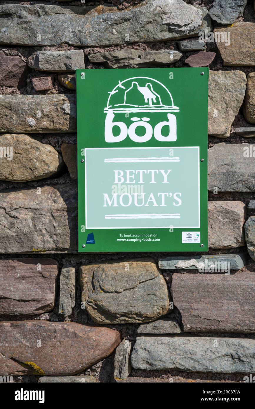 A sign for Betty Mouat's Bod near Old Scatness, Shetland. Stock Photo