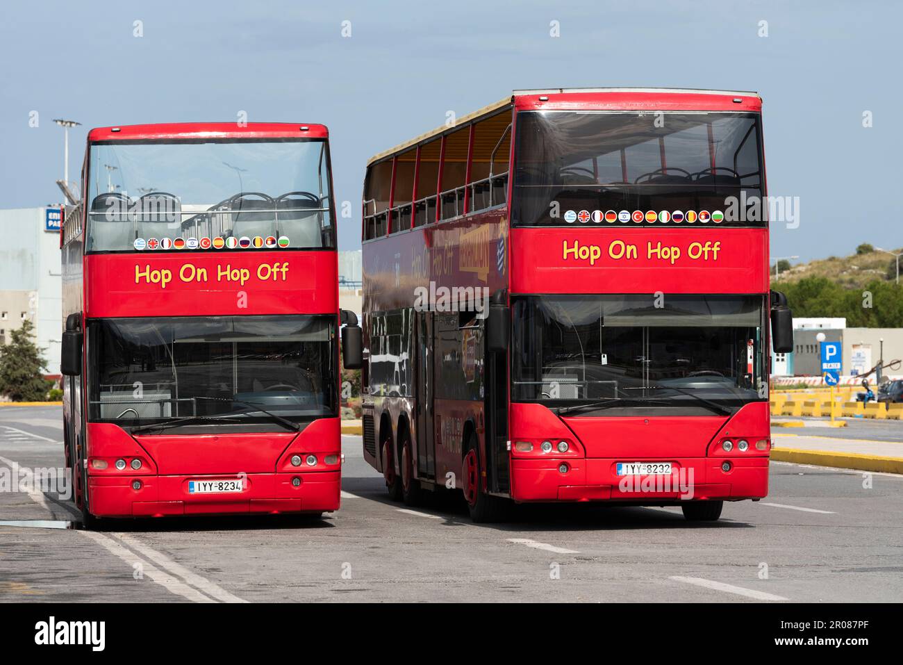 Bus In Greece Heraklion Port, Crete, Greece, EU. 2023. Two open top red buses used by ...