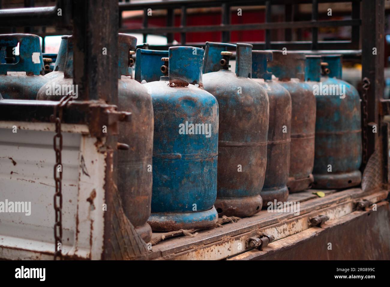 Propane gas bottles on delivery truck Stock Photo