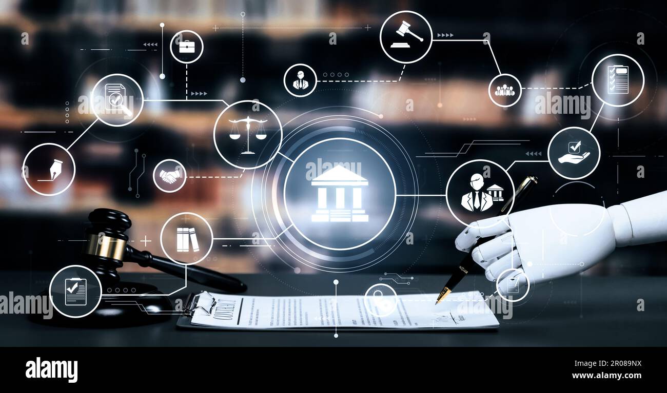 AI related law concept shown by robot hand using lawyer working tools in lawyers office with