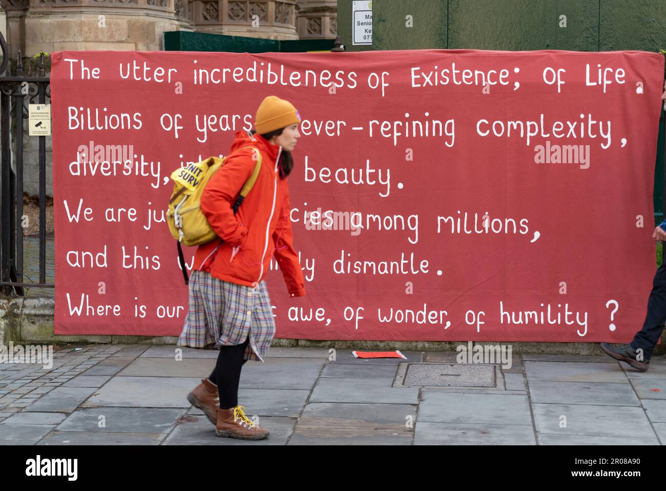Quote at Extinction Rebellion encampment in Parliament Square, London, UK. The utter incredibleness of Existence; of Life...diversity...complexity Stock Photo