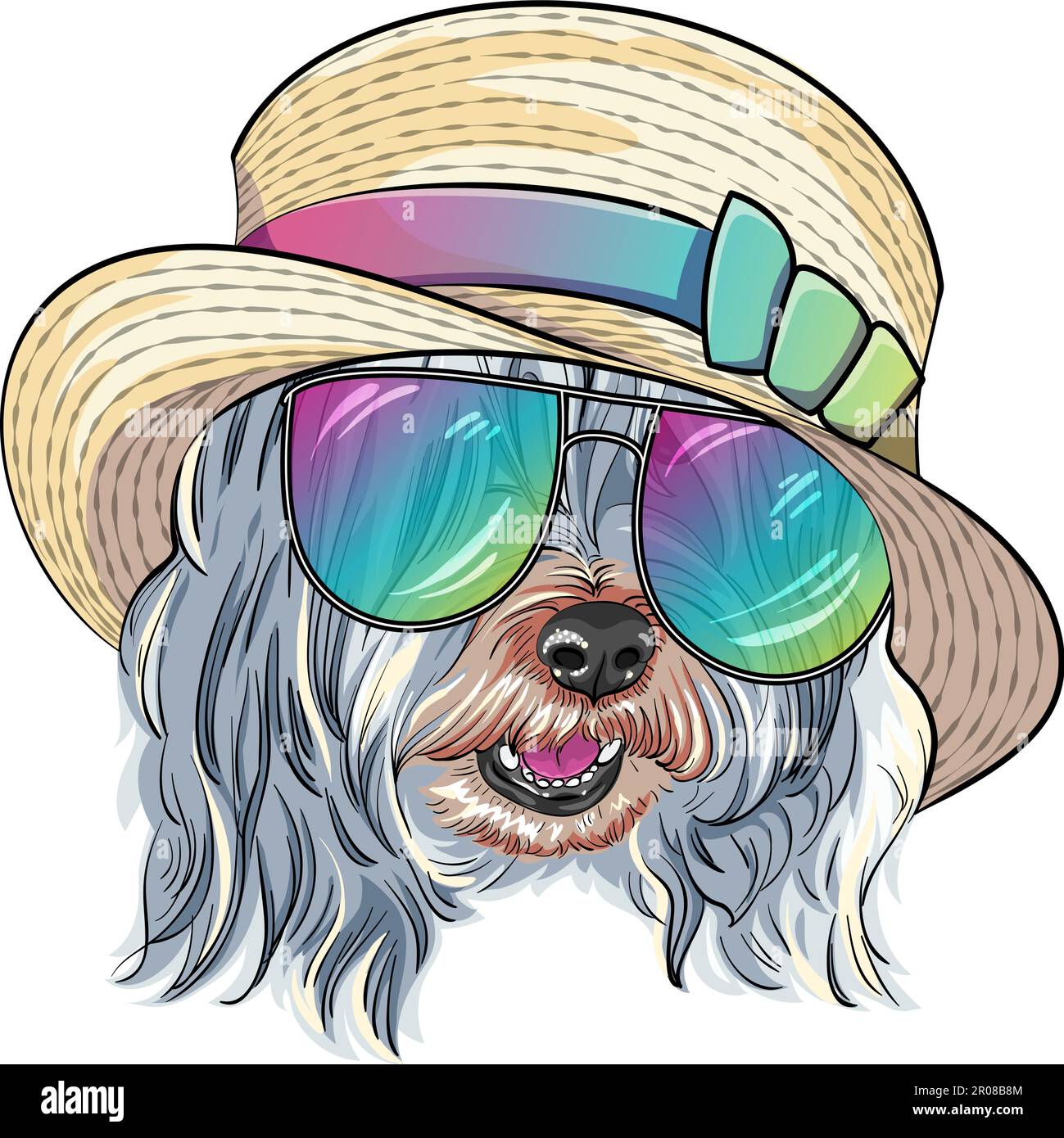 Vector dog Lowchen or Little Lion Dog in straw hat and trendy multicolored mirror sunglasses Stock Vector