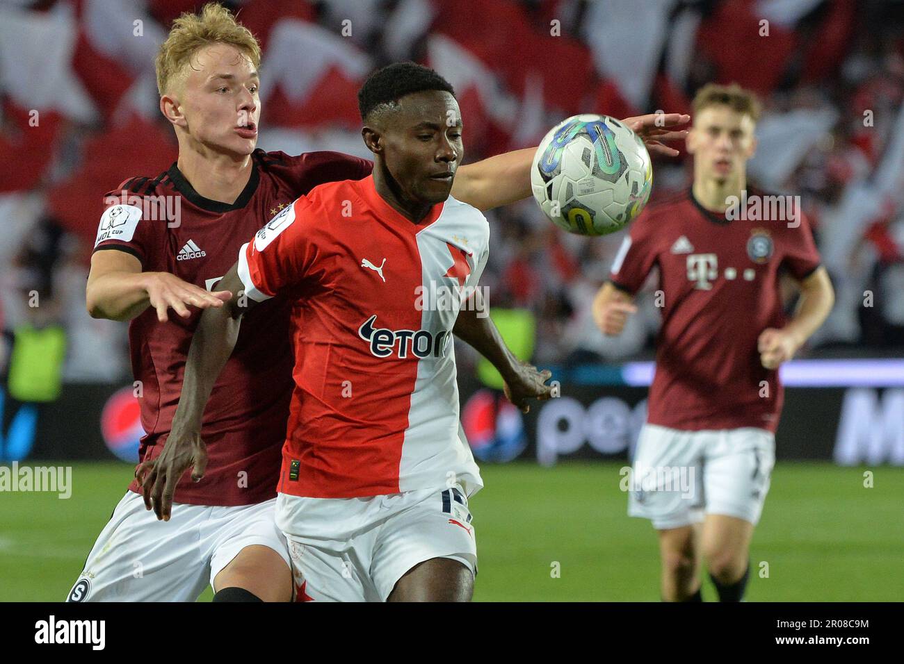 Prague, Czech Republic. 3rd May, 2023. OSCAR DORLEY of Slavia Praha fights  for the ball with Sparta's ADAM KARABEC (L) during Czech Cup of 2022-2023  at May 03, 2023, in Prague as