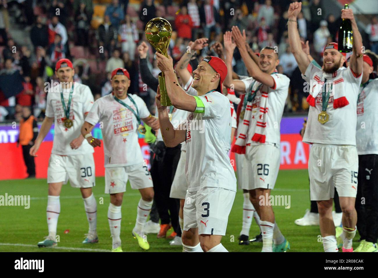 Prague, Czech Republic. 27th May, 2023. Sparta Praha footballers won the  first division title after nine years as the team drew 0-0 with Slovacko in  the latest match in Prague, Czech Republic