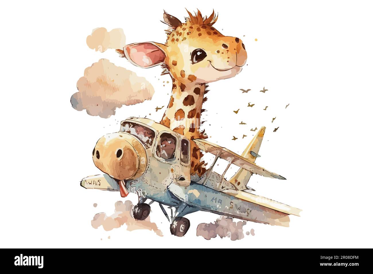 Giraffe on a plane in watercolor style. Isolated vector illustration