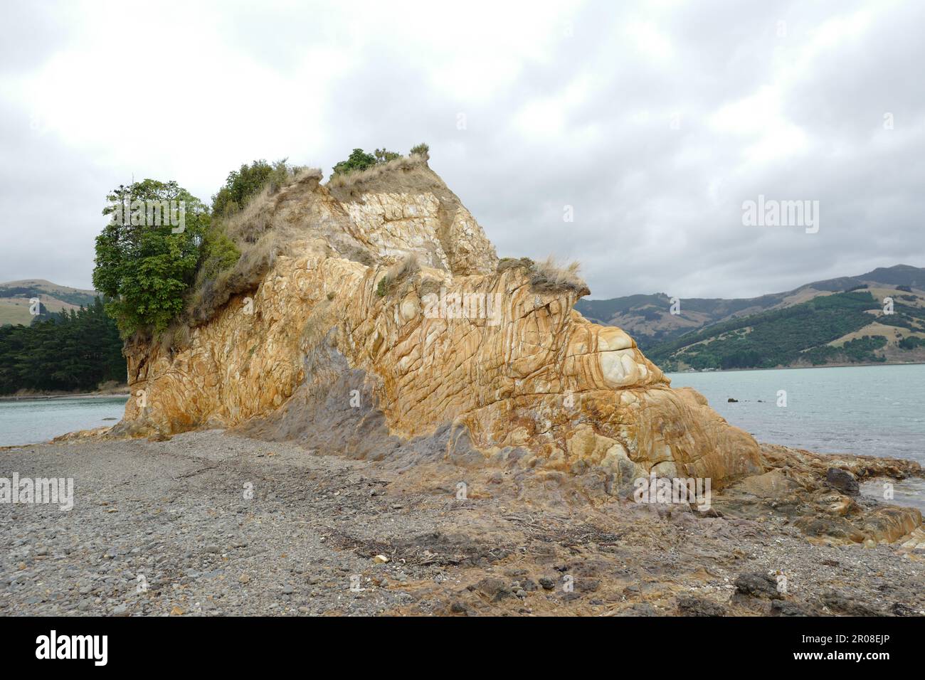 Yellow cliffs at Barrys Bay on the South Island of new Zealand Stock Photo