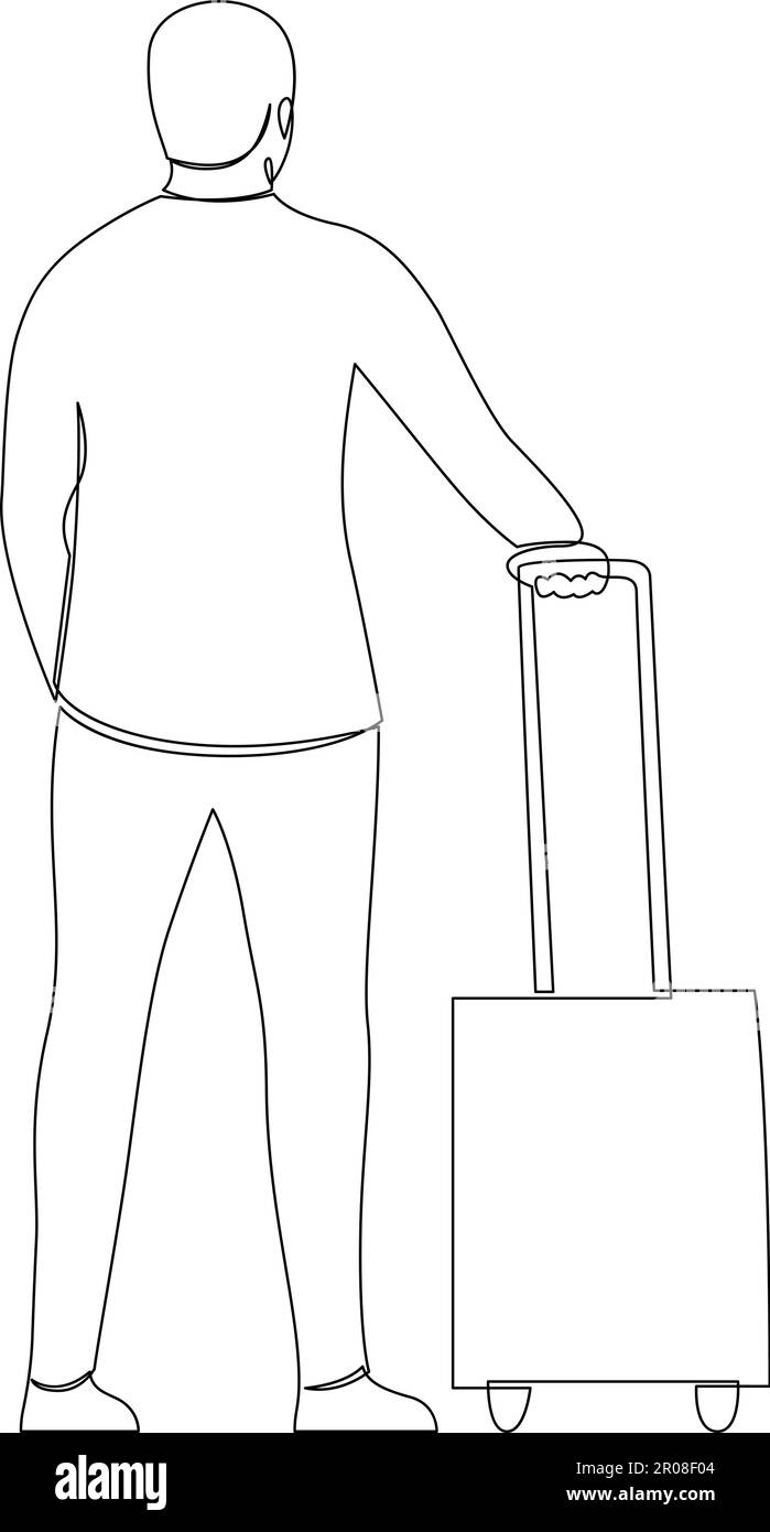 One continuous line drawing of a tourist with luggage is waiting for transport. Traveler with suitcase on vacation. Traveling man with luggage. Single Stock Vector