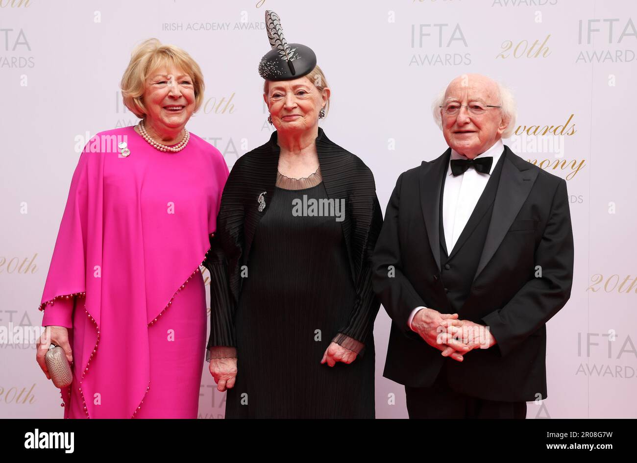 President Michael D Higgins and his wife Sabina with Joan Bergin (centre) on the red carpet ahead of the 20th Irish Film and Television Academy (IFTA) Awards ceremony at the Dublin Royal Convention Centre. Picture date: Sunday May 7, 2023. Stock Photo