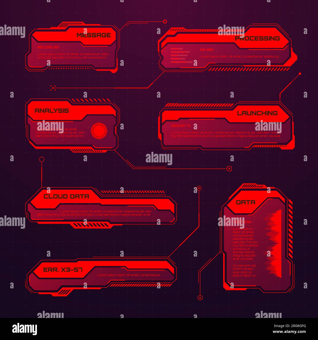 Red futuristic HUD or UI elements. Sci-fi user interface text boxes ...