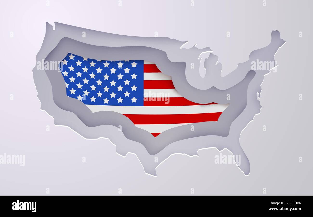 Creative USA map with flag colors in paper cut style. Vector illustration Stock Vector