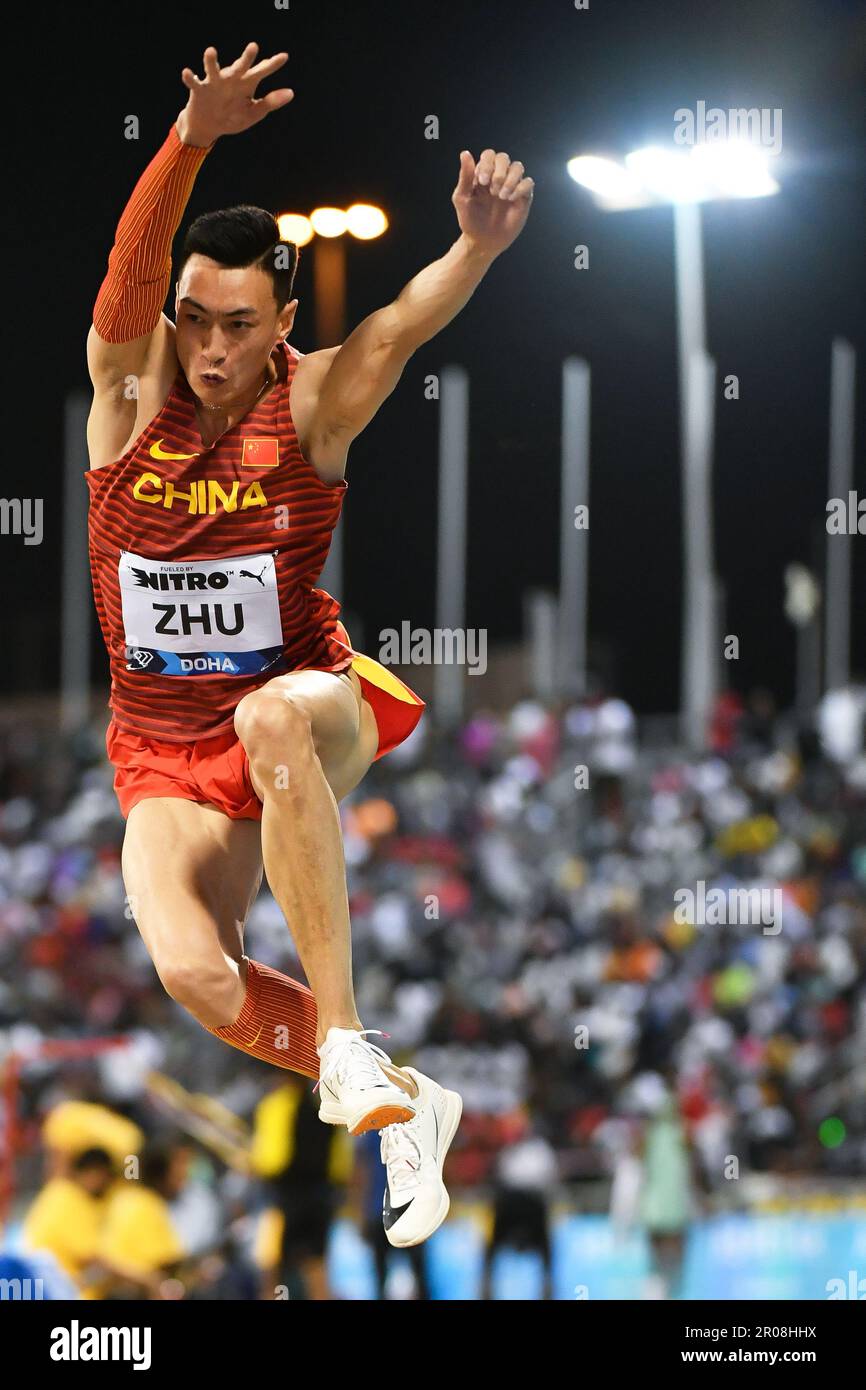 Doha, Qatar, 5 May 2025. Zhu Yaming of China competes in Triple Jump