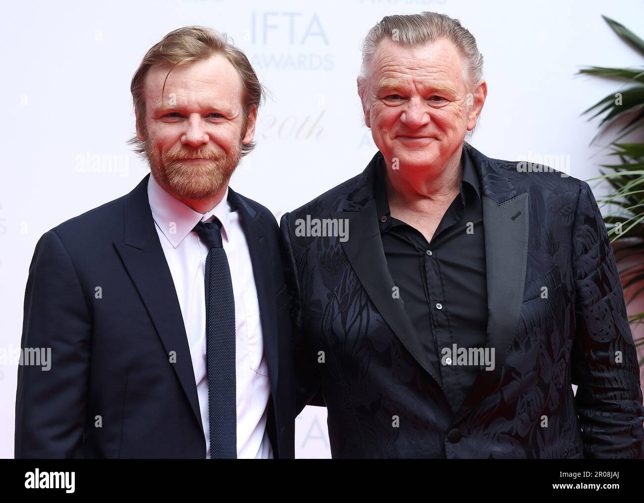 Brendan Gleeson (right) and his son, Brian Glesson, on the red carpet ahead of the 20th Irish Film and Television Academy (IFTA) Awards ceremony at the Dublin Royal Convention Centre. Picture date: Sunday May 7, 2023. Stock Photo