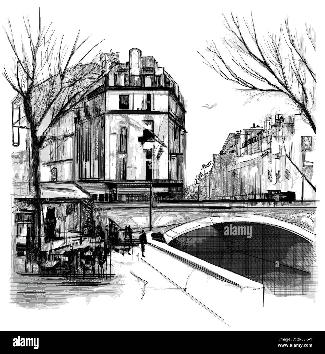 Original ink drawing of Pont Neuf in Paris- vector illustration (Ideal for printing, poster or wallpaper, house decoration) Stock Vector