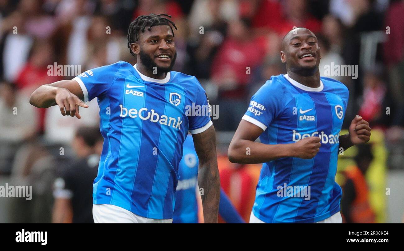 Genk's Mark McKenzie celebrates after scoring during a soccer match between Royal Antwerp FC RAFC and KRC Genk, Sunday 07 May 2023 in Antwerp, on day 2 of the Champions' play-offs in the 'Jupiler Pro League' first division of the Belgian championship. BELGA PHOTO VIRGINIE LEFOUR Stock Photo