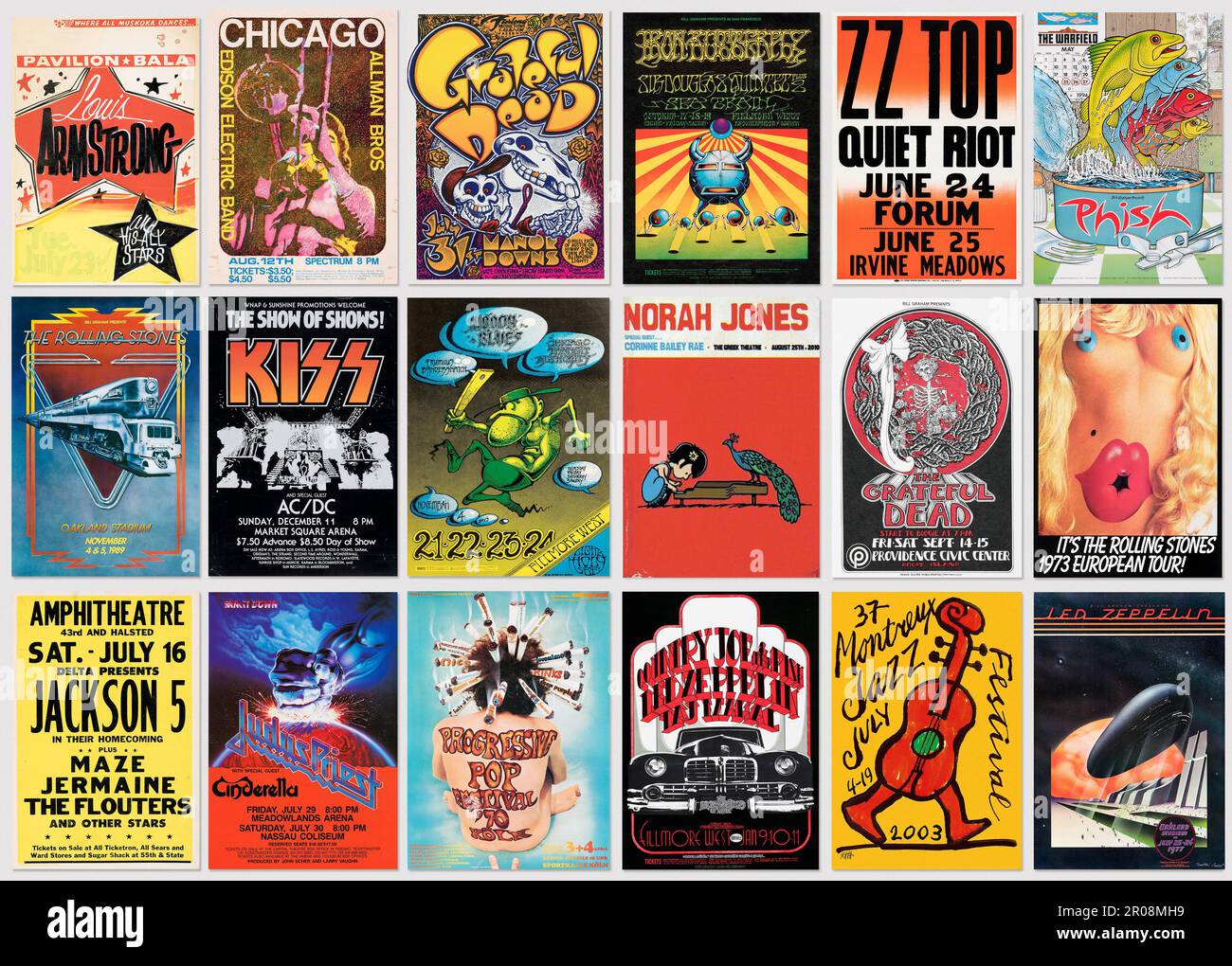 Collection of old real rock, pop and jazz music concert posters, collection of authentic vintage music designs Stock Photo