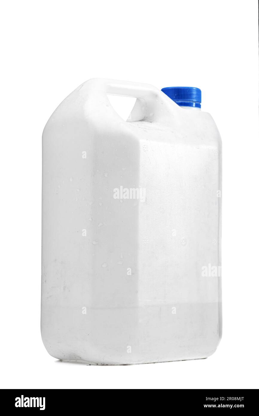 White plastic container with handle for water or other liquids with blue cap Stock Photo Alamy