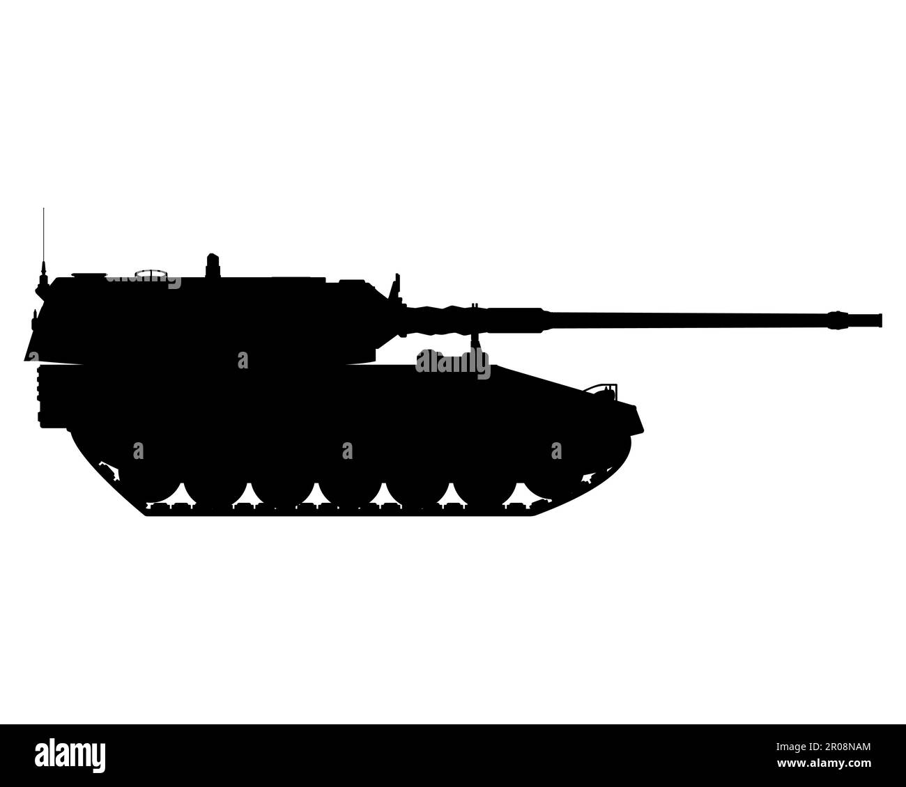 Self-propelled howitzer silhouette. German 155 mm Panzerhaubitze 2000. Military armored vehicle. Vector illustration isolated on white background. Stock Vector
