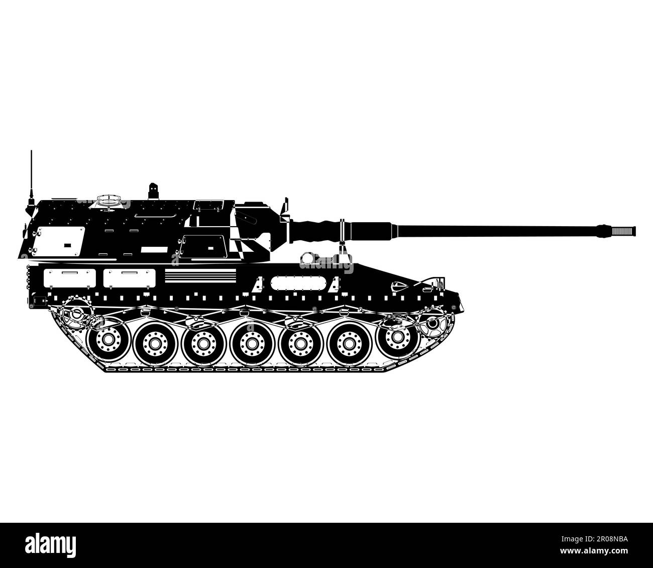 Self-propelled howitzer outline. German 155 mm Panzerhaubitze 2000. Military armored vehicle. Vector illustration isolated on white background. Stock Vector