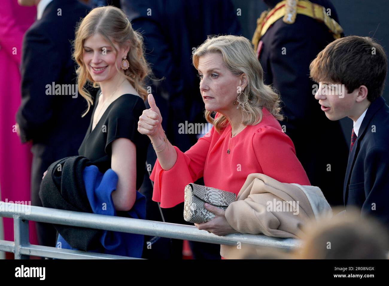 (left to right) Lady Louise Windsor, the Duchess of Edinburgh and the Earl of Wessex at the Coronation Concert held in the grounds of Windsor Castle, Berkshire, to celebrate the coronation of King Charles III and Queen Camilla. Picture date: Sunday May 7, 2023. Stock Photo