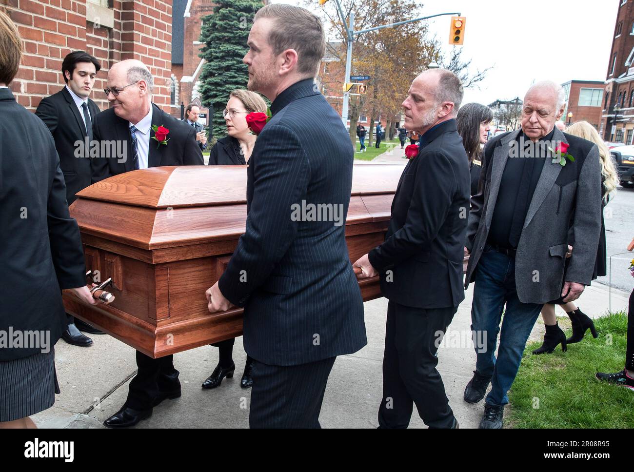 Family members carry the casket of Gordon Lightfoot into St. Paul's United  Church, in his hometown of Orillia, Ontario, Canada, Sunday, May 7, 2023.  The legendary Canadian artist died May 1, at