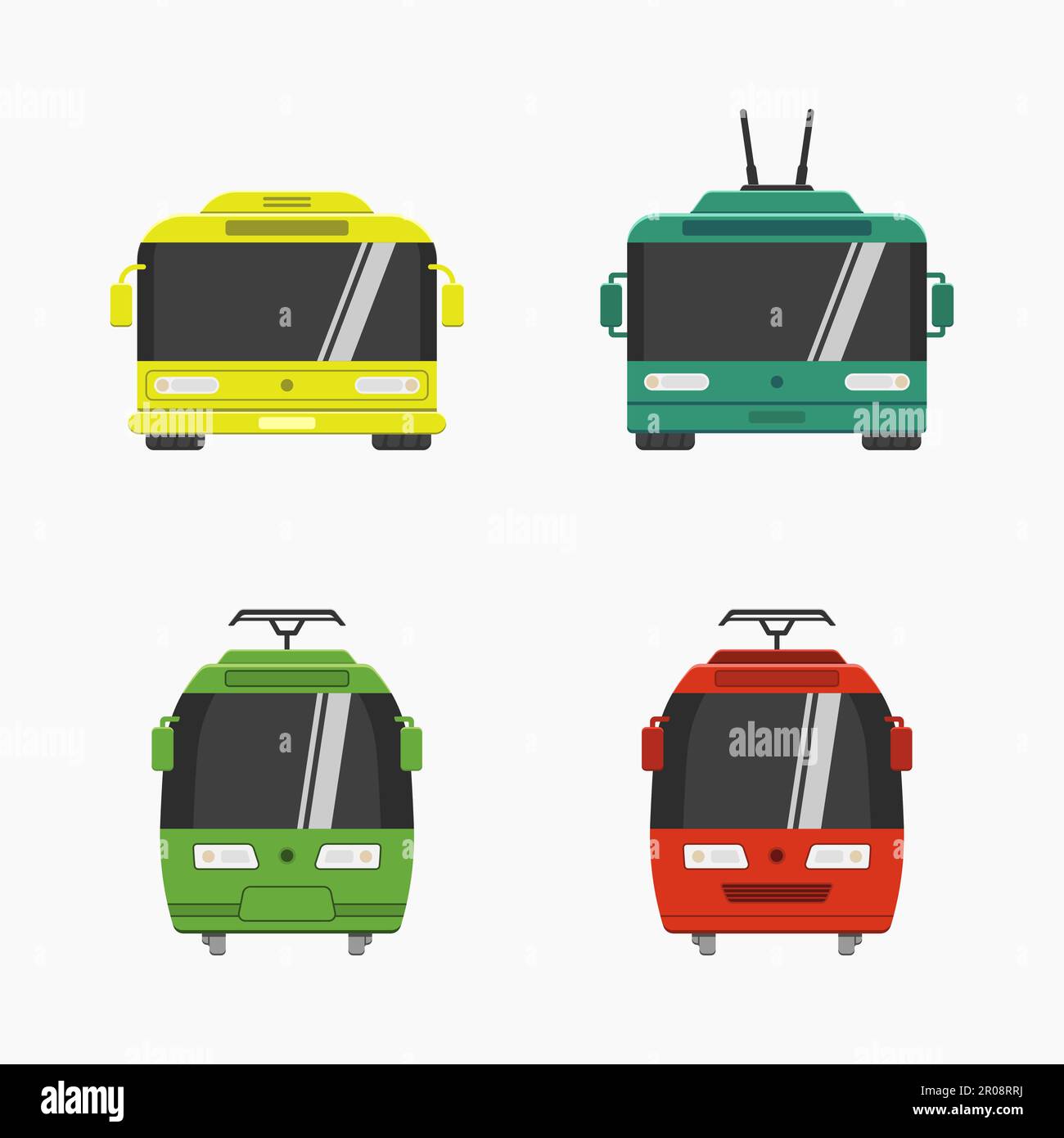 public transport train bus front view icons vector flat illustration Stock Vector