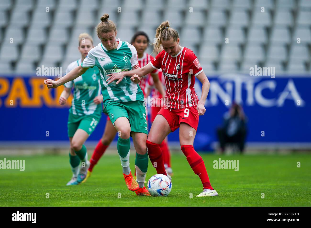 Freiburg, Germany. 07th May, 2023. May 7, 2023, Freiburg, Germany:  Wolfsburg, Germany, April 23rd 2023: Michelle Ulbrich (5 Bremen) and Janina  Minge (9 Freiburg) battle for the ball (duel) during the Flyeralarm