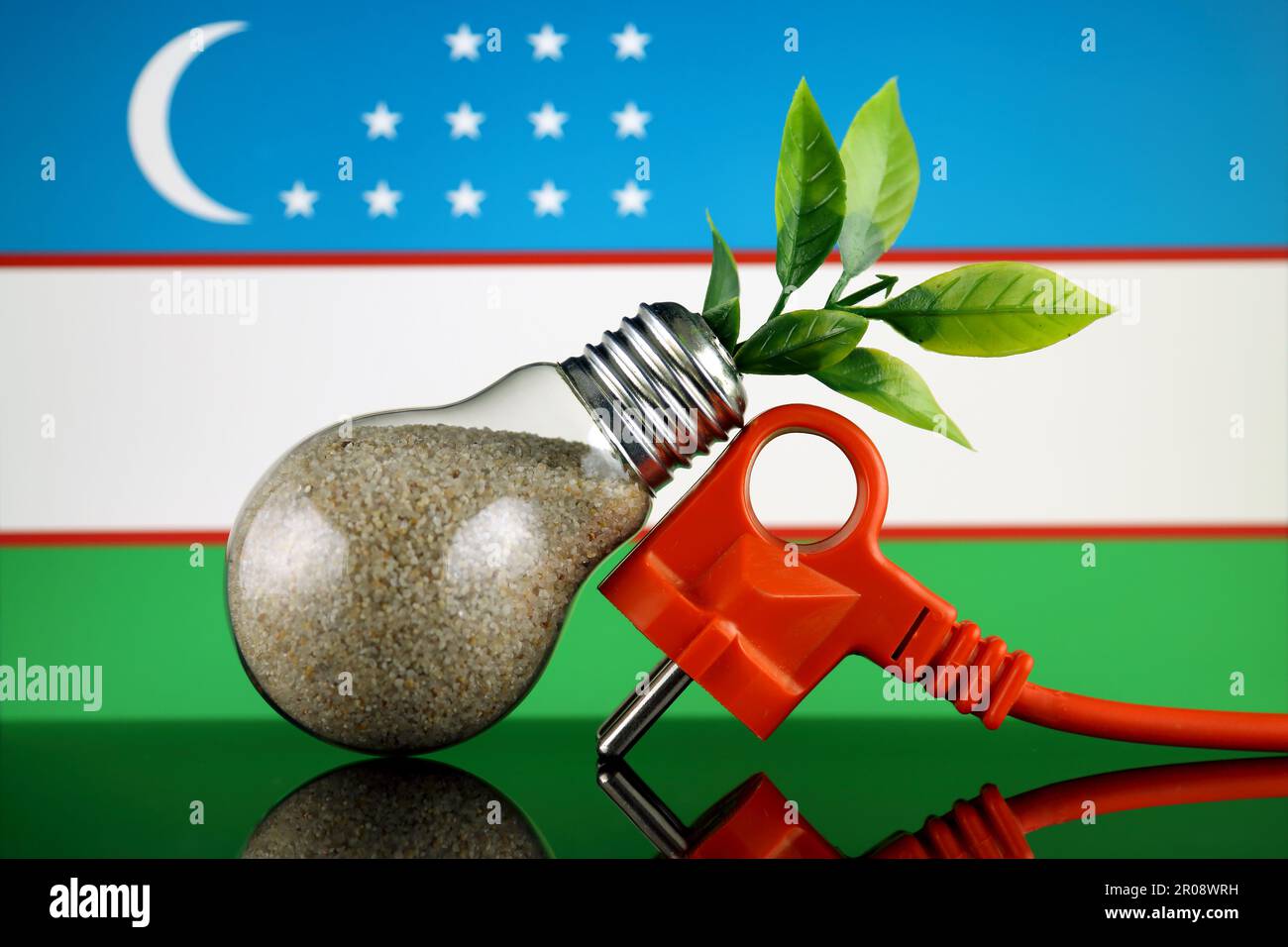 Plug, plant growing inside the light bulb and Uzbekistan Flag. Green eco renewable energy