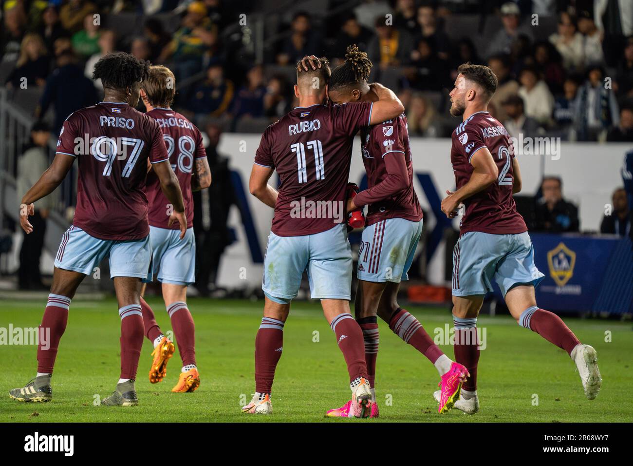 Colorado Rapids forward Diego Rubio (11) celebrates with forward Kévin Cabral (91) during a MLS match against the Los Angeles Galaxy, Saturday, May 6, Stock Photo