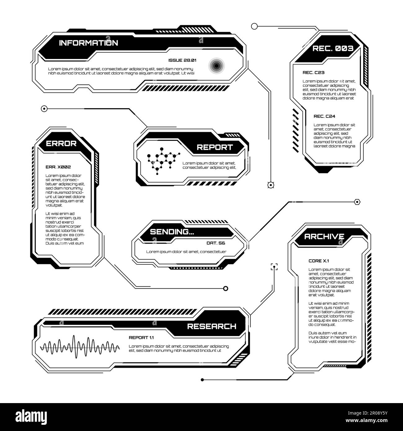 Black futuristic HUD, UI elements. Sci-fi user interface text boxes ...