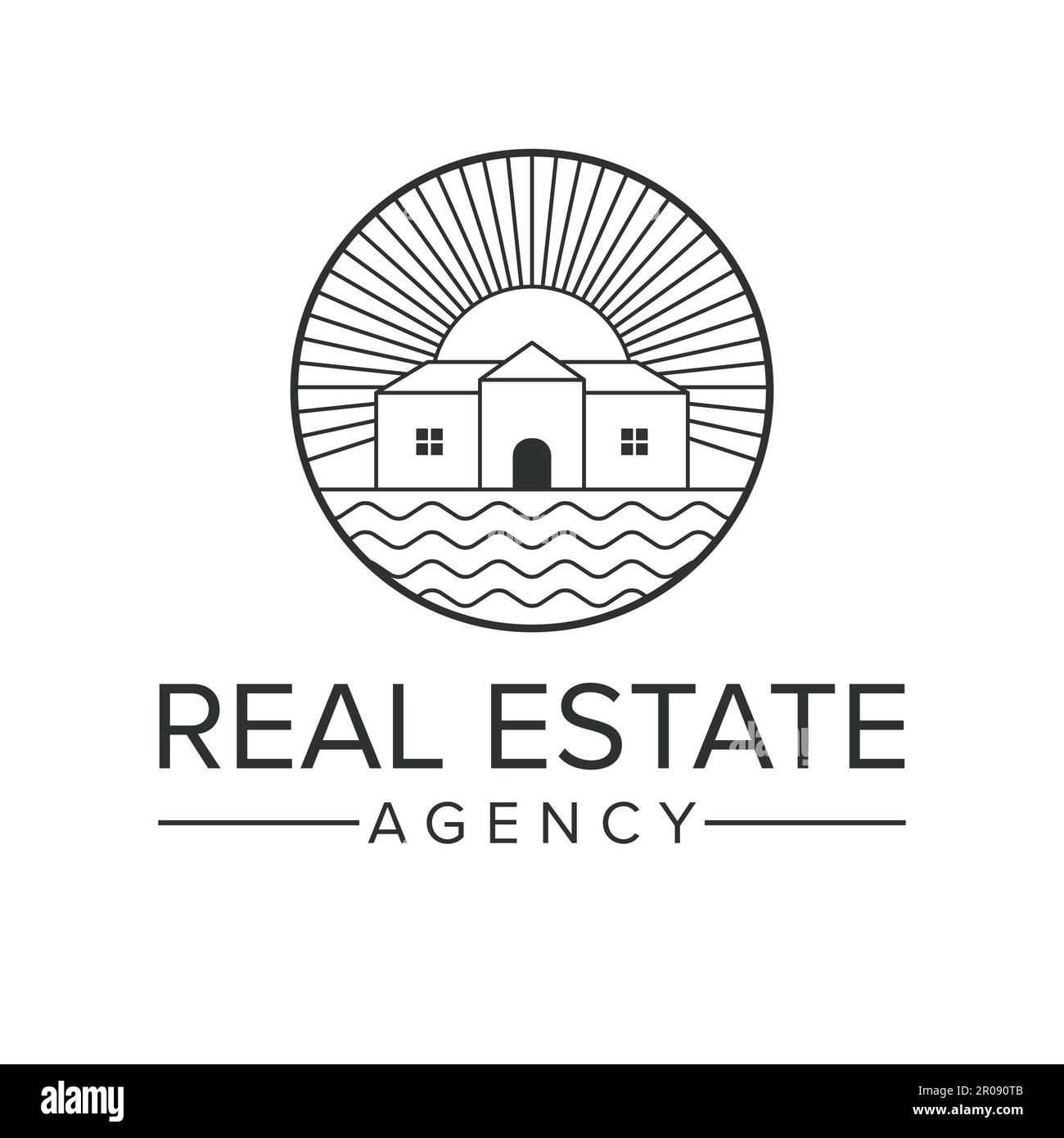 Real estate agency vector logo design. House and seascape logotype. Realtor logo template Stock